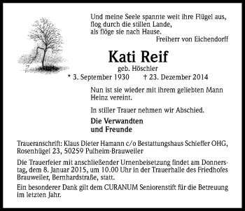 Anzeige von Kati Reif von Kölner Stadt-Anzeiger / Kölnische Rundschau / Express