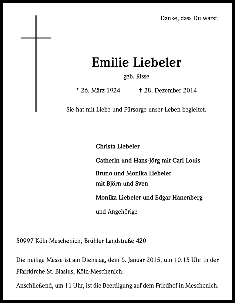  Traueranzeige für Emilie Liebeler vom 03.01.2015 aus Kölner Stadt-Anzeiger / Kölnische Rundschau / Express
