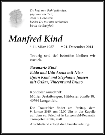 Anzeige von Manfred Kind von Kölner Stadt-Anzeiger / Kölnische Rundschau / Express