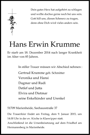 Anzeige von Hans Erwin Krumme von Kölner Stadt-Anzeiger / Kölnische Rundschau / Express