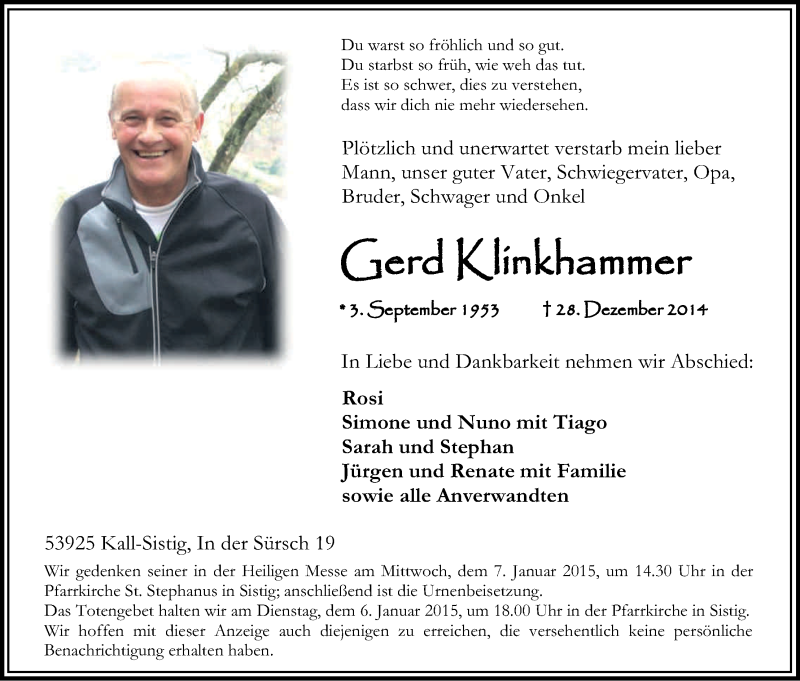  Traueranzeige für Gerd Klinkhammer vom 03.01.2015 aus Kölner Stadt-Anzeiger / Kölnische Rundschau / Express