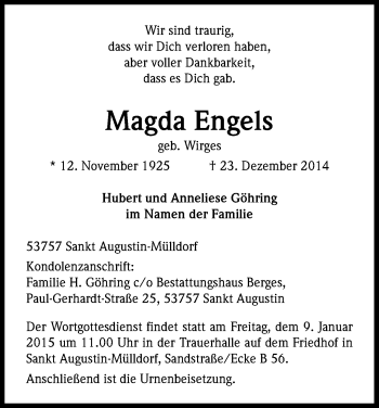 Anzeige von Magda Engels von Kölner Stadt-Anzeiger / Kölnische Rundschau / Express