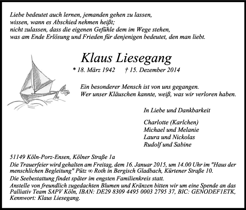  Traueranzeige für Klaus Liesegang vom 03.01.2015 aus Kölner Stadt-Anzeiger / Kölnische Rundschau / Express