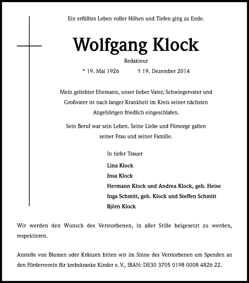  Traueranzeige für Wolfgang Klock vom 03.01.2015 aus Kölner Stadt-Anzeiger / Kölnische Rundschau / Express