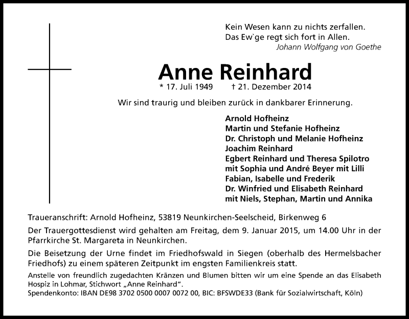  Traueranzeige für Anne Reinhard vom 03.01.2015 aus Kölner Stadt-Anzeiger / Kölnische Rundschau / Express