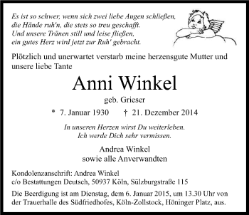 Anzeige von Anni Winkel von Kölner Stadt-Anzeiger / Kölnische Rundschau / Express