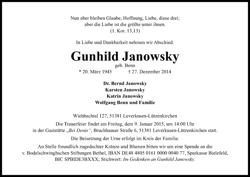  Traueranzeige für Gunhild Janowsky vom 03.01.2015 aus Kölner Stadt-Anzeiger / Kölnische Rundschau / Express