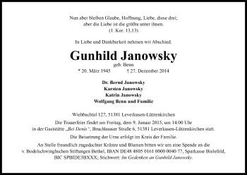 Anzeige von Gunhild Janowsky von Kölner Stadt-Anzeiger / Kölnische Rundschau / Express