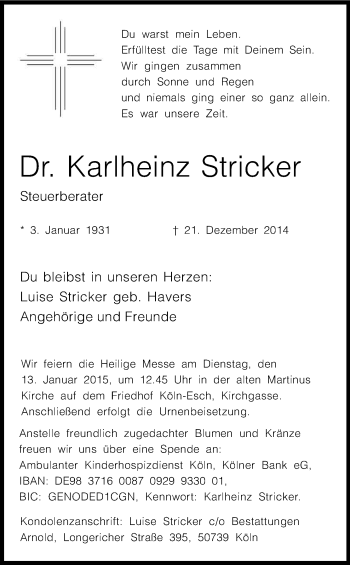 Anzeige von Karlheinz Stricker von Kölner Stadt-Anzeiger / Kölnische Rundschau / Express