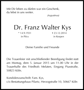 Anzeige von Franz Walter Kys von Kölner Stadt-Anzeiger / Kölnische Rundschau / Express