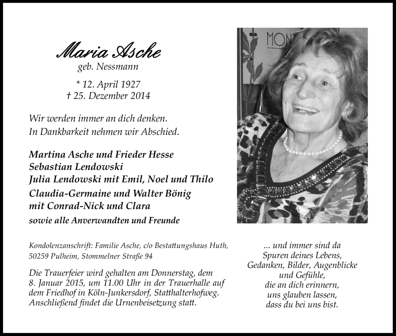 Traueranzeige für Maria Asche vom 03.01.2015 aus Kölner Stadt-Anzeiger / Kölnische Rundschau / Express