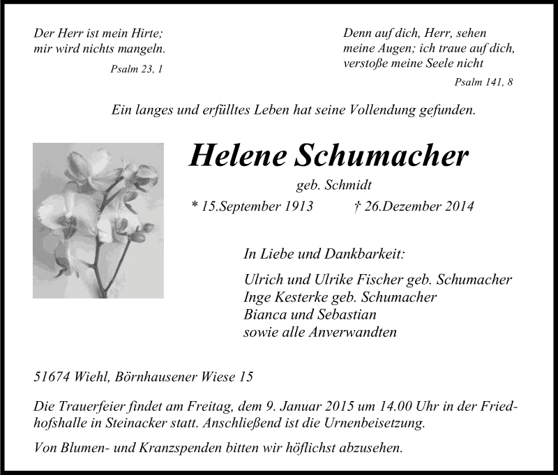  Traueranzeige für Helene Schumacher vom 03.01.2015 aus Kölner Stadt-Anzeiger / Kölnische Rundschau / Express