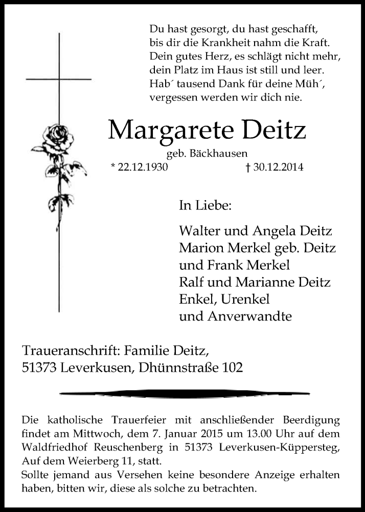  Traueranzeige für Margarete Deitz vom 03.01.2015 aus Kölner Stadt-Anzeiger / Kölnische Rundschau / Express