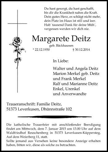 Anzeige von Margarete Deitz von Kölner Stadt-Anzeiger / Kölnische Rundschau / Express