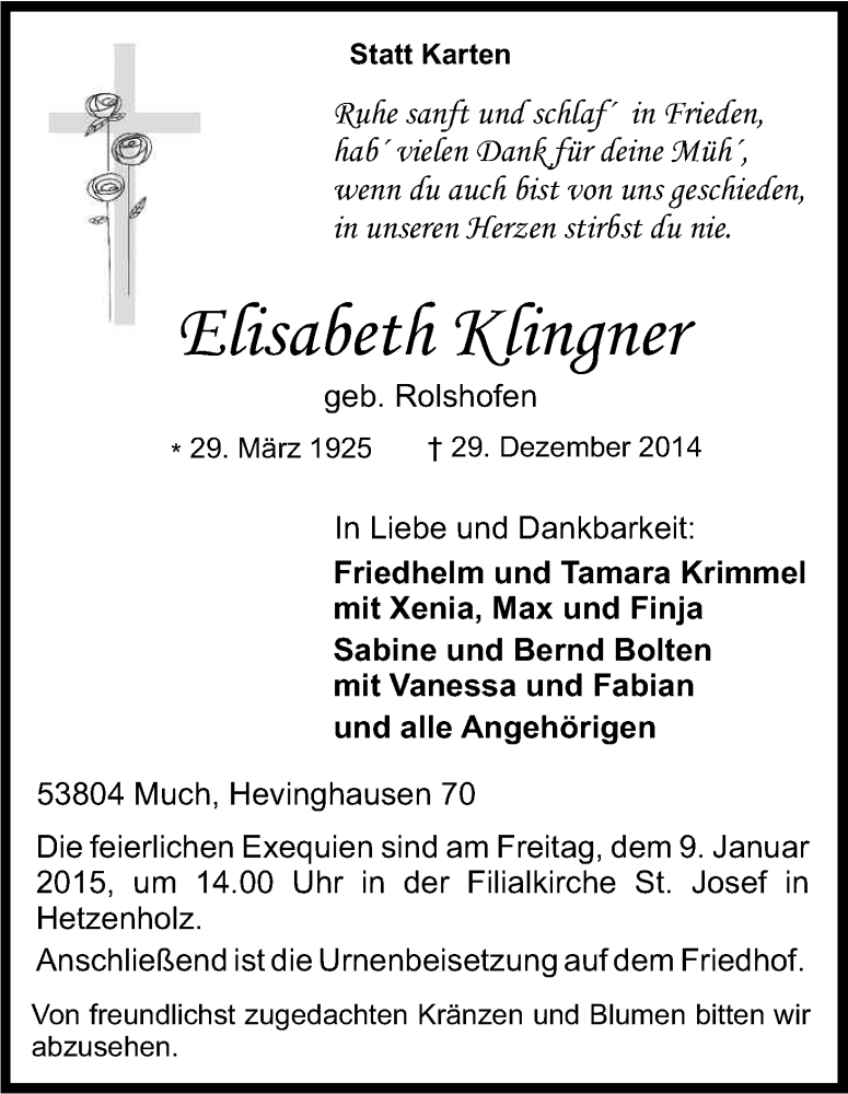  Traueranzeige für Elisabeth Klingner vom 03.01.2015 aus Kölner Stadt-Anzeiger / Kölnische Rundschau / Express