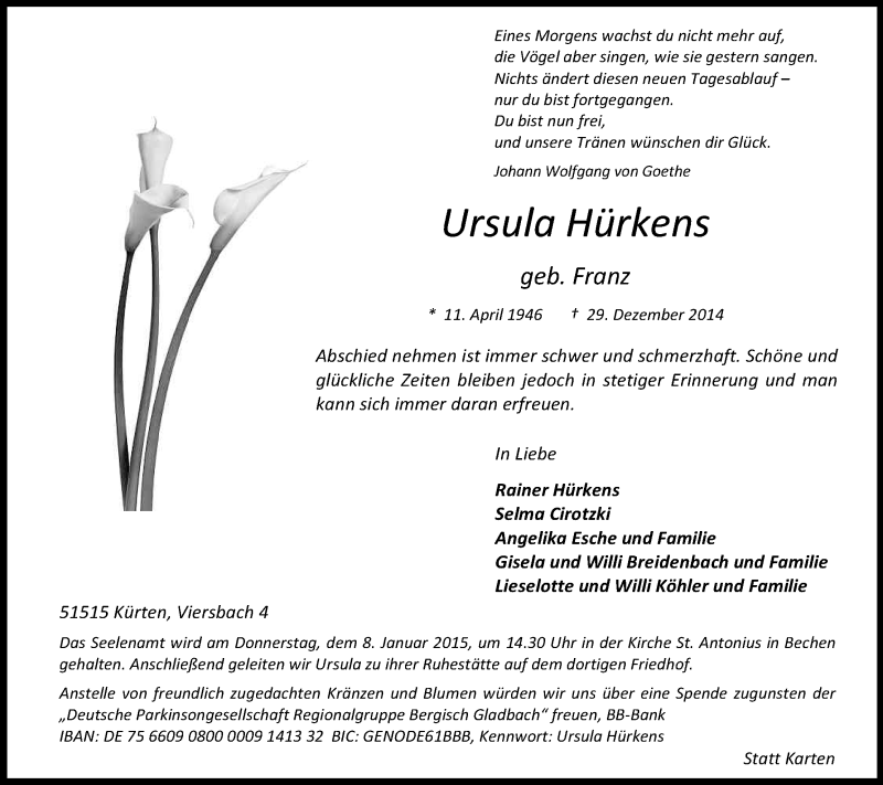  Traueranzeige für Ursula Hürkens vom 03.01.2015 aus Kölner Stadt-Anzeiger / Kölnische Rundschau / Express