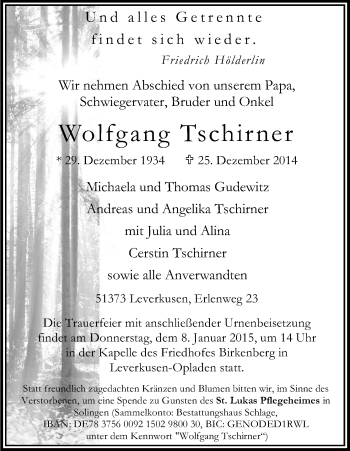 Anzeige von Wolfgang Tschirner von Kölner Stadt-Anzeiger / Kölnische Rundschau / Express