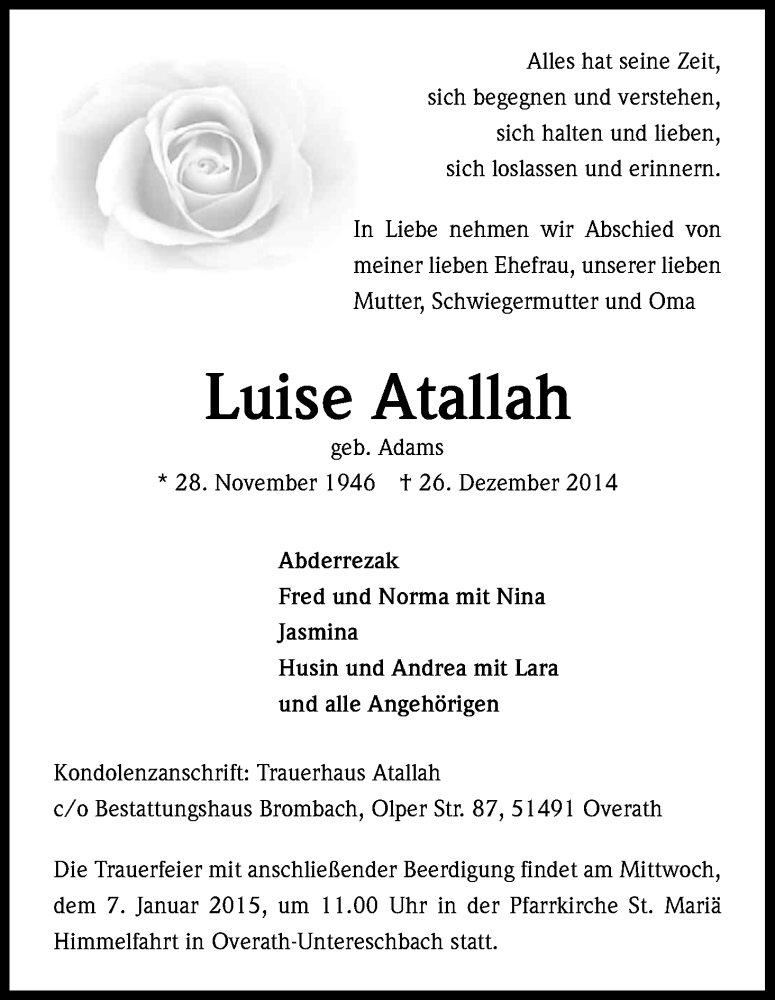  Traueranzeige für Luise Atallah vom 03.01.2015 aus Kölner Stadt-Anzeiger / Kölnische Rundschau / Express