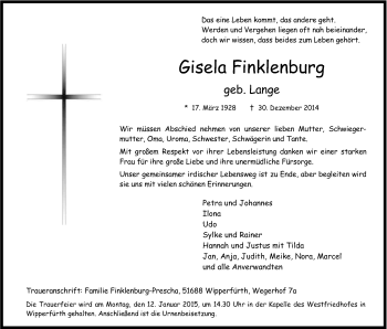 Anzeige von Gisela Finklenburg von Kölner Stadt-Anzeiger / Kölnische Rundschau / Express