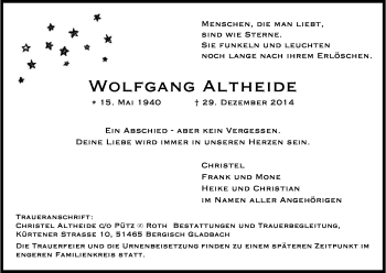 Anzeige von Wolfgang Altheide von Kölner Stadt-Anzeiger / Kölnische Rundschau / Express