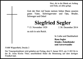 Anzeige von Siegfried Segler von Kölner Stadt-Anzeiger / Kölnische Rundschau / Express