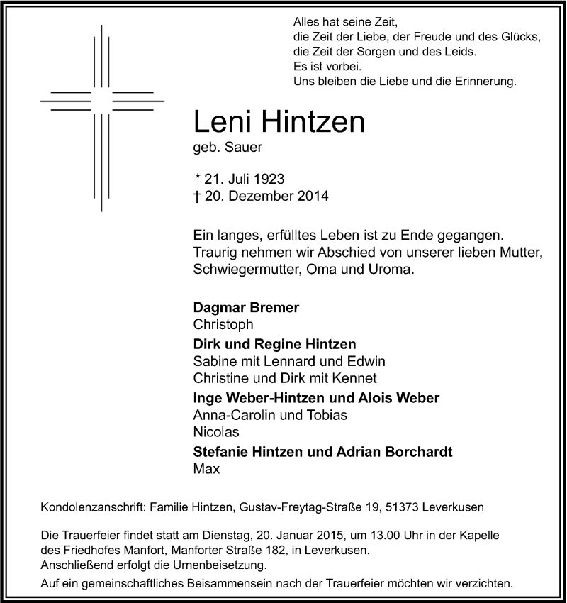  Traueranzeige für Leni Hintzen vom 03.01.2015 aus Kölner Stadt-Anzeiger / Kölnische Rundschau / Express