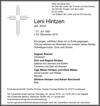 Anzeige von Leni Hintzen von Kölner Stadt-Anzeiger / Kölnische Rundschau / Express