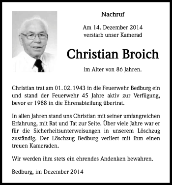 Anzeige von Christian Broich von Kölner Stadt-Anzeiger / Kölnische Rundschau / Express