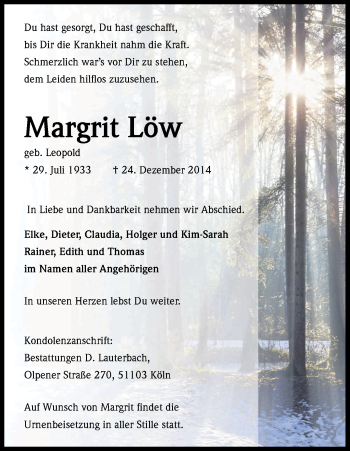 Anzeige von Margrit Löw von Kölner Stadt-Anzeiger / Kölnische Rundschau / Express