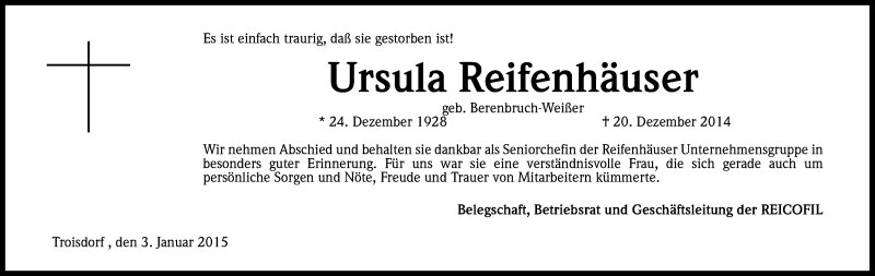  Traueranzeige für Ursula Reifenhäuser vom 03.01.2015 aus Kölner Stadt-Anzeiger / Kölnische Rundschau / Express