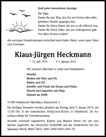 Anzeige von Klaus Jürgen Heckmann von Kölner Stadt-Anzeiger / Kölnische Rundschau / Express