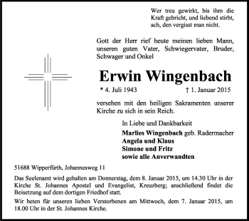 Anzeige von Erwin Wingenbach von Kölner Stadt-Anzeiger / Kölnische Rundschau / Express