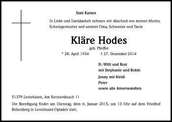 Anzeige von Kläre Hodes von Kölner Stadt-Anzeiger / Kölnische Rundschau / Express