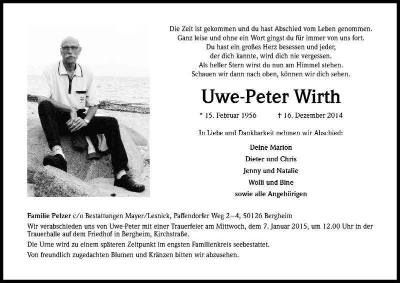  Traueranzeige für Uwe-Peter Wirth vom 03.01.2015 aus Kölner Stadt-Anzeiger / Kölnische Rundschau / Express
