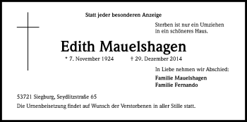 Anzeige von Edith Mauelshagen von Kölner Stadt-Anzeiger / Kölnische Rundschau / Express