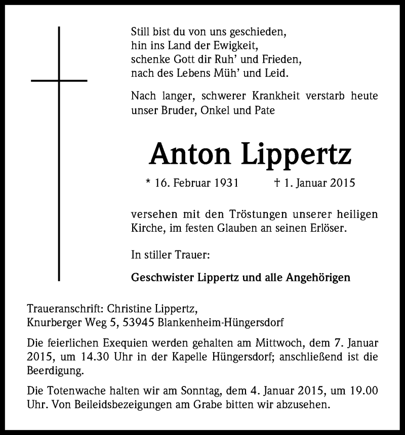  Traueranzeige für Anton Lippertz vom 03.01.2015 aus Kölner Stadt-Anzeiger / Kölnische Rundschau / Express