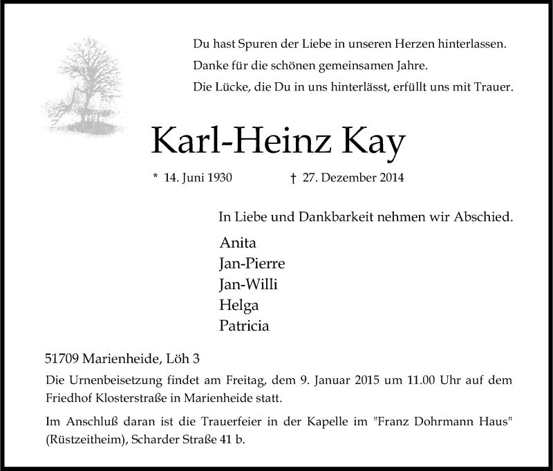  Traueranzeige für Karl-Heinz Kay vom 03.01.2015 aus Kölner Stadt-Anzeiger / Kölnische Rundschau / Express