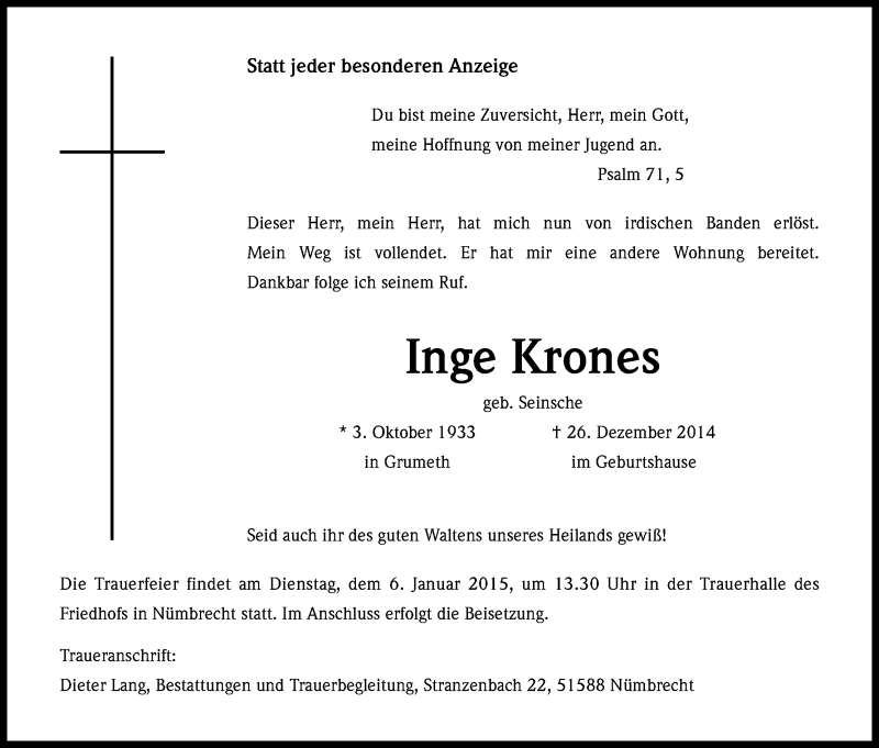  Traueranzeige für Inge Krones vom 03.01.2015 aus Kölner Stadt-Anzeiger / Kölnische Rundschau / Express