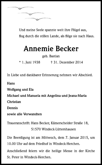 Anzeige von Annemie Becker von Kölner Stadt-Anzeiger / Kölnische Rundschau / Express