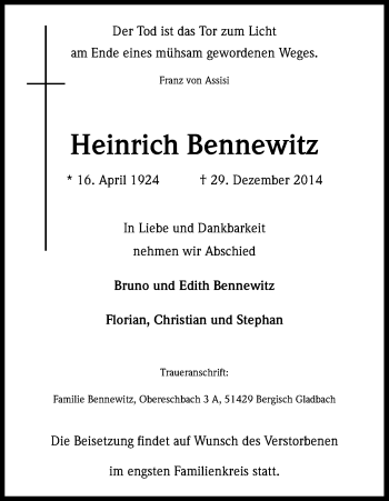 Anzeige von Heinrich Bennewitz von Kölner Stadt-Anzeiger / Kölnische Rundschau / Express