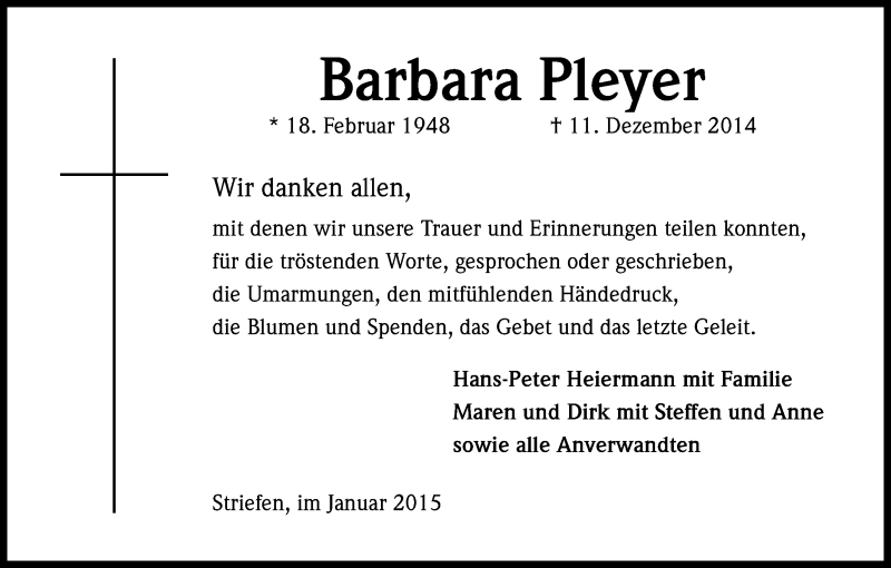 Traueranzeige für Barbara Pleyer vom 07.01.2015 aus Kölner Stadt-Anzeiger / Kölnische Rundschau / Express
