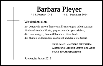 Anzeige von Barbara Pleyer von Kölner Stadt-Anzeiger / Kölnische Rundschau / Express