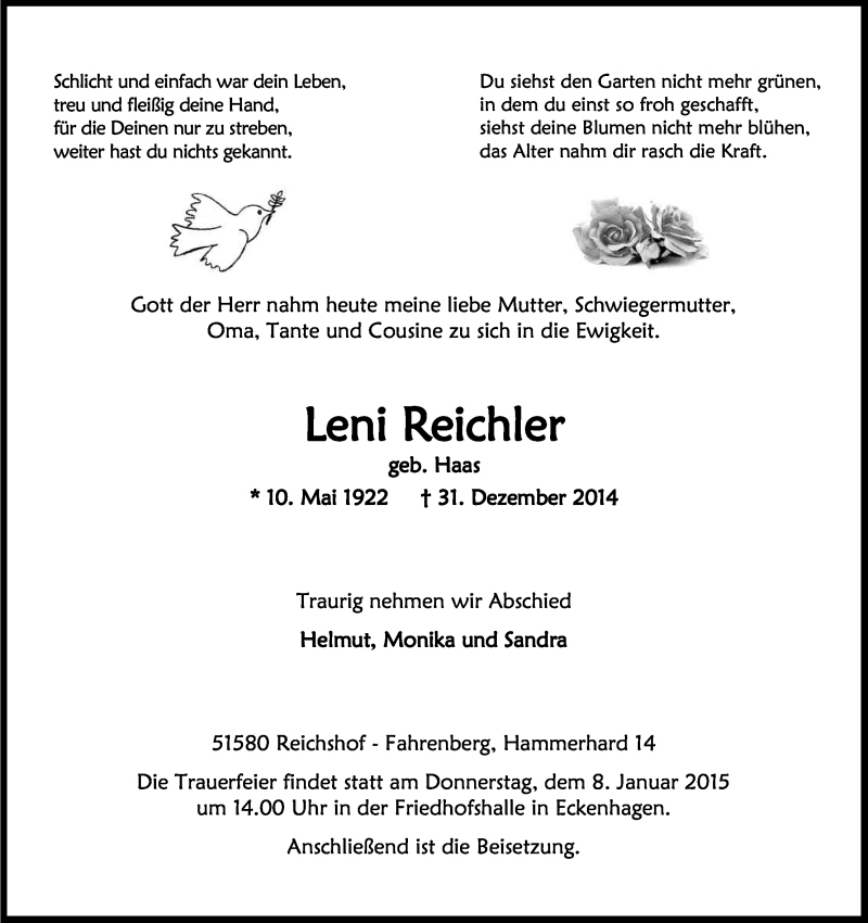  Traueranzeige für Leni Reichler vom 05.01.2015 aus Kölner Stadt-Anzeiger / Kölnische Rundschau / Express