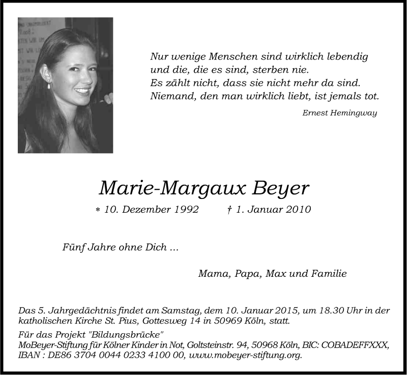  Traueranzeige für Marie-Margaux Beyer vom 07.01.2015 aus Kölner Stadt-Anzeiger / Kölnische Rundschau / Express