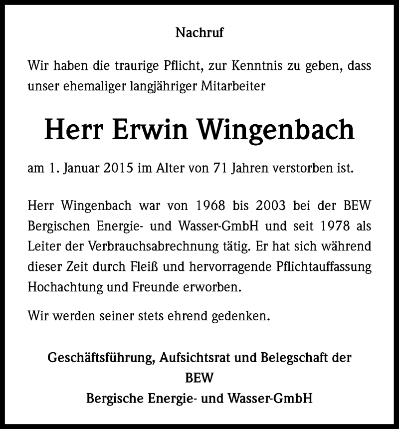  Traueranzeige für Erwin Wingenbach vom 06.01.2015 aus Kölner Stadt-Anzeiger / Kölnische Rundschau / Express