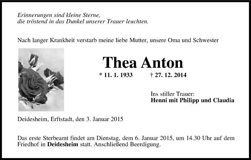  Traueranzeige für Thea Anton vom 05.01.2015 aus Kölner Stadt-Anzeiger / Kölnische Rundschau / Express