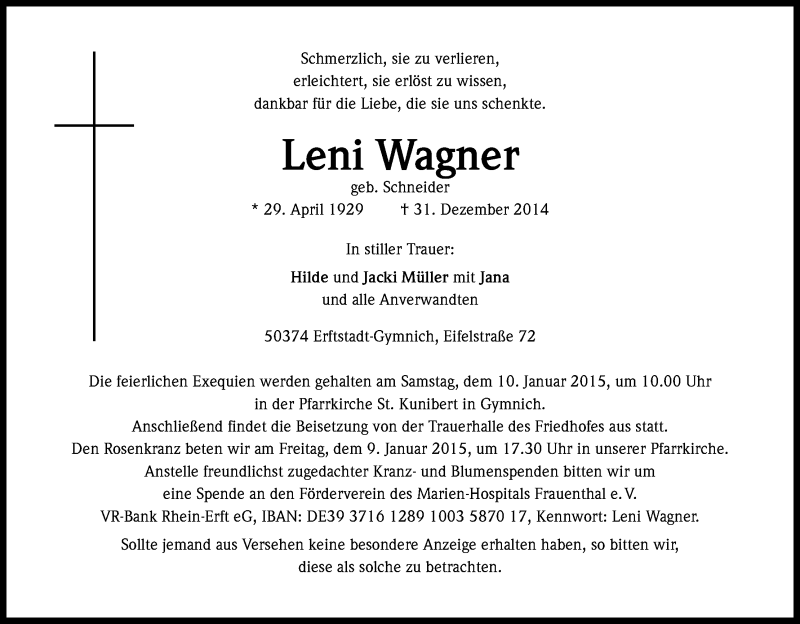  Traueranzeige für Leni Wagner vom 07.01.2015 aus Kölner Stadt-Anzeiger / Kölnische Rundschau / Express