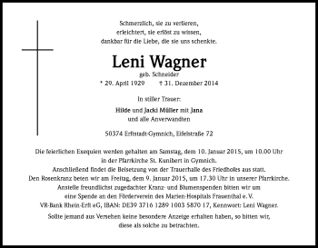 Anzeige von Leni Wagner von Kölner Stadt-Anzeiger / Kölnische Rundschau / Express