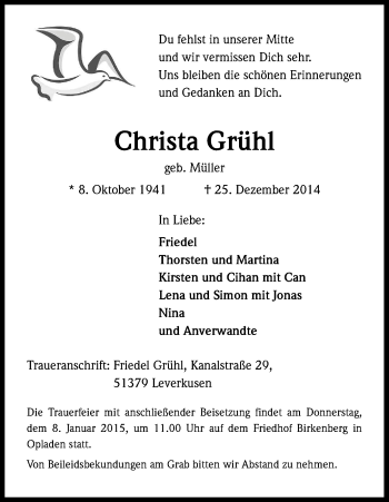 Anzeige von Christa Grühl von Kölner Stadt-Anzeiger / Kölnische Rundschau / Express