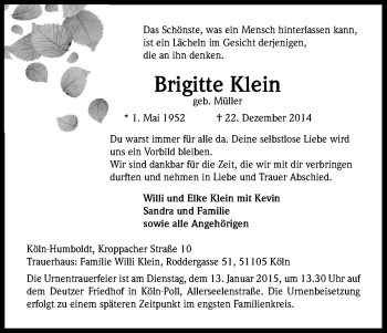 Anzeige von Brigitte Klein von Kölner Stadt-Anzeiger / Kölnische Rundschau / Express